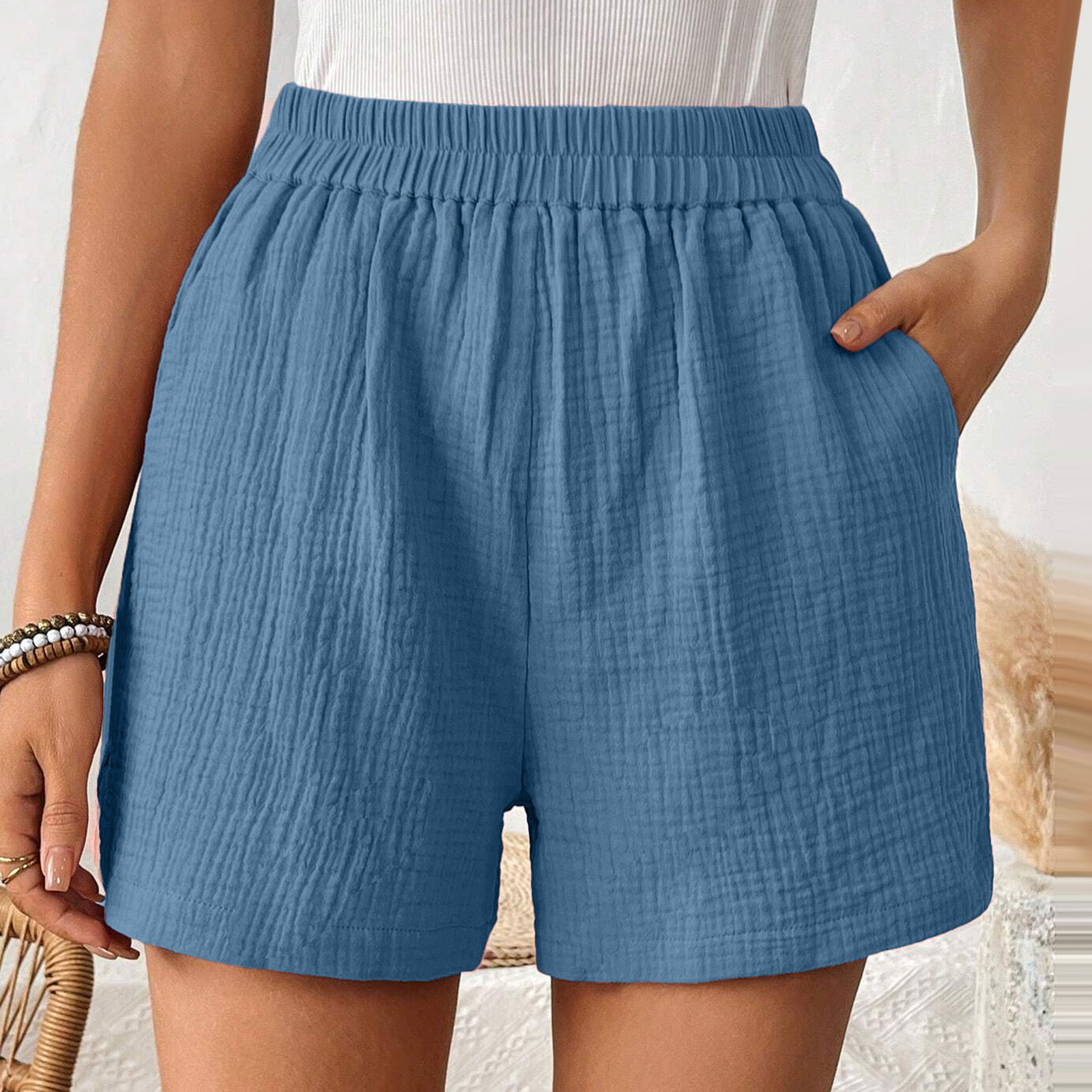 thumbnail image 3 of Pantalones de mujer con doble capa y pliegues en el bajo - Pantalones de cintura alta y pierna recta - Pantalones cortos deportivos holgados, 3 of 8